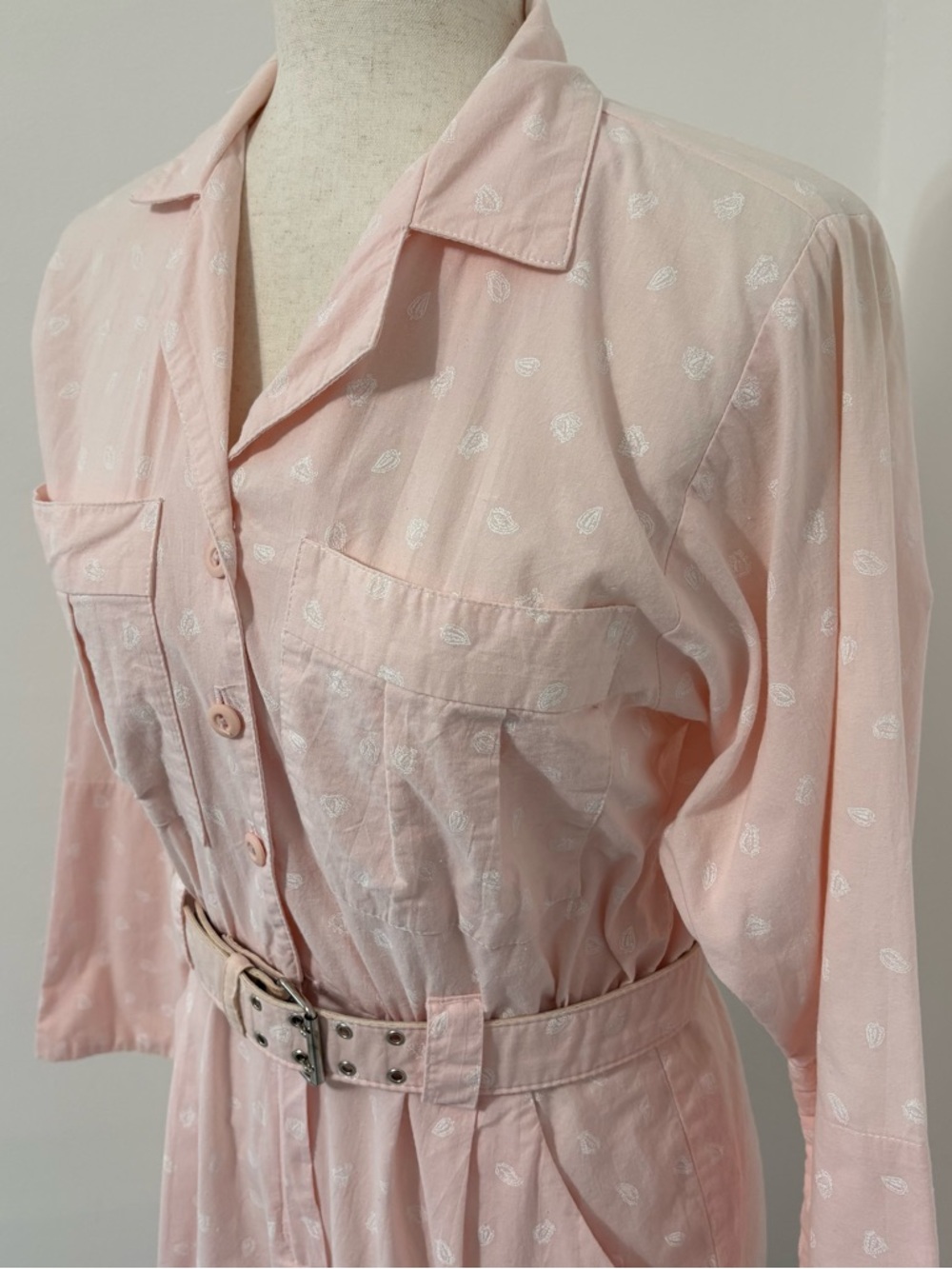 Vintage 80s Taurus ll Pink Leaf Print Belted 100% Cotton Dress Sz 10 - Picture 2 of 10